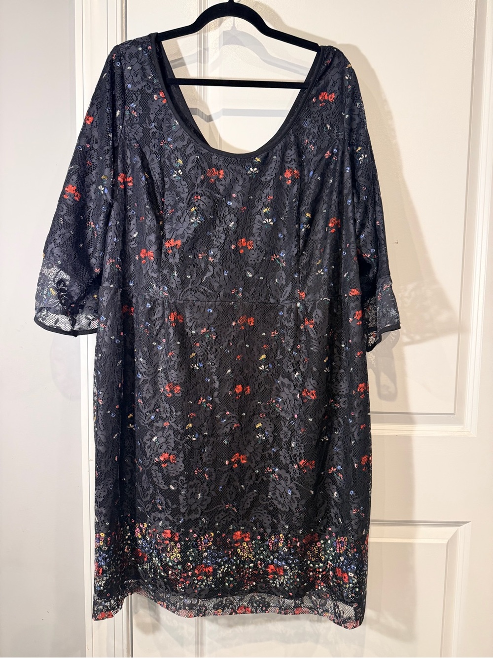City Chic Black Lace Scoop-Neck Dress with Red Floral Accents